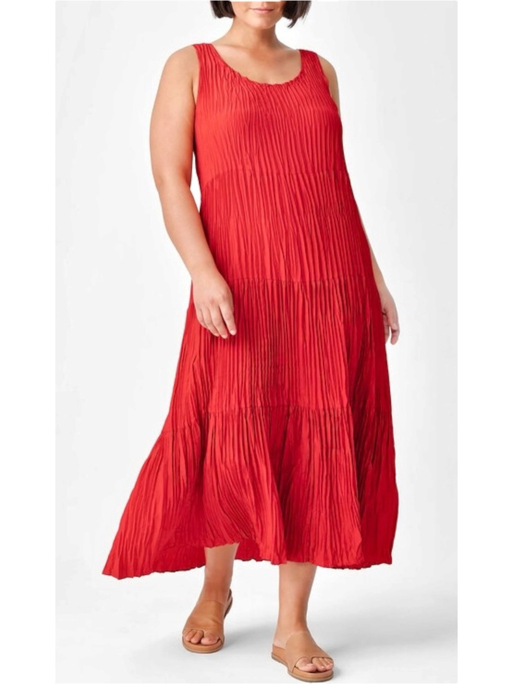 NWOT Eileen Fisher Crushed Silk Tiered Orange Pleated Miyake Style Midi Dress